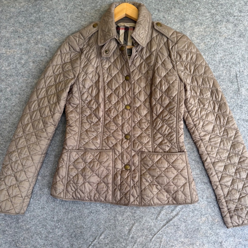 Burberry Brit Womens Diamond Quilted Nova Check Jacket Taupe Brown XS